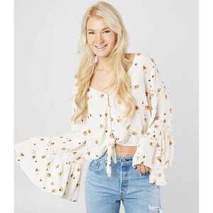 Billabong Floral Tie Front Top‎ Womens Large Cream Bell Sleeve Boho Crop Blouse